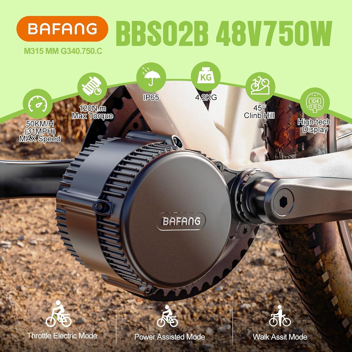 BAFANG 750W Midtmotor Elcykel Konverteringssæt – Børsteløs Motor Med VD03 Digitalt Display Og 44T Klinge