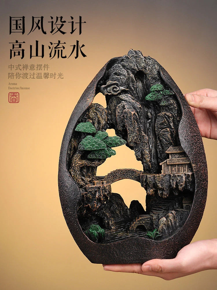 Large Size Mountain Waterfall Incense Burner Backflow Room Decor Incense Cone Holder with 36 Pcs Meditation Oud Incense Cones