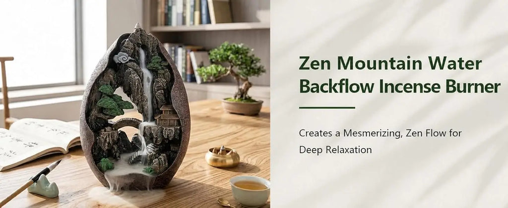 Large Size Mountain Waterfall Incense Burner Backflow Room Decor Incense Cone Holder with 36 Pcs Meditation Oud Incense Cones