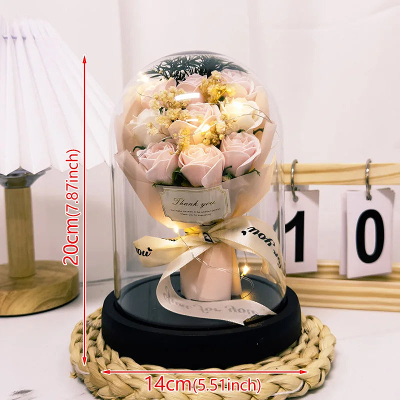 Eternal LED Light Acrylic Cover Flower Valentines Day Gift Wedding Party Decor Flower Set Transparent Rose Holiday Party Gift