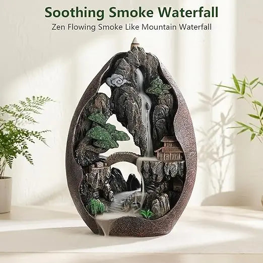 Large Size Mountain Waterfall Incense Burner Backflow Room Decor Incense Cone Holder with 36 Pcs Meditation Oud Incense Cones