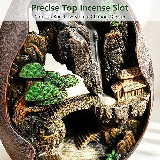 Large Size Mountain Waterfall Incense Burner Backflow Room Decor Incense Cone Holder with 36 Pcs Meditation Oud Incense Cones