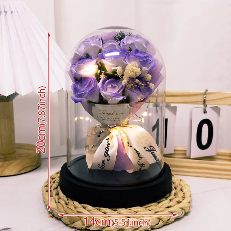 Eternal LED Light Acrylic Cover Flower Valentines Day Gift Wedding Party Decor Flower Set Transparent Rose Holiday Party Gift