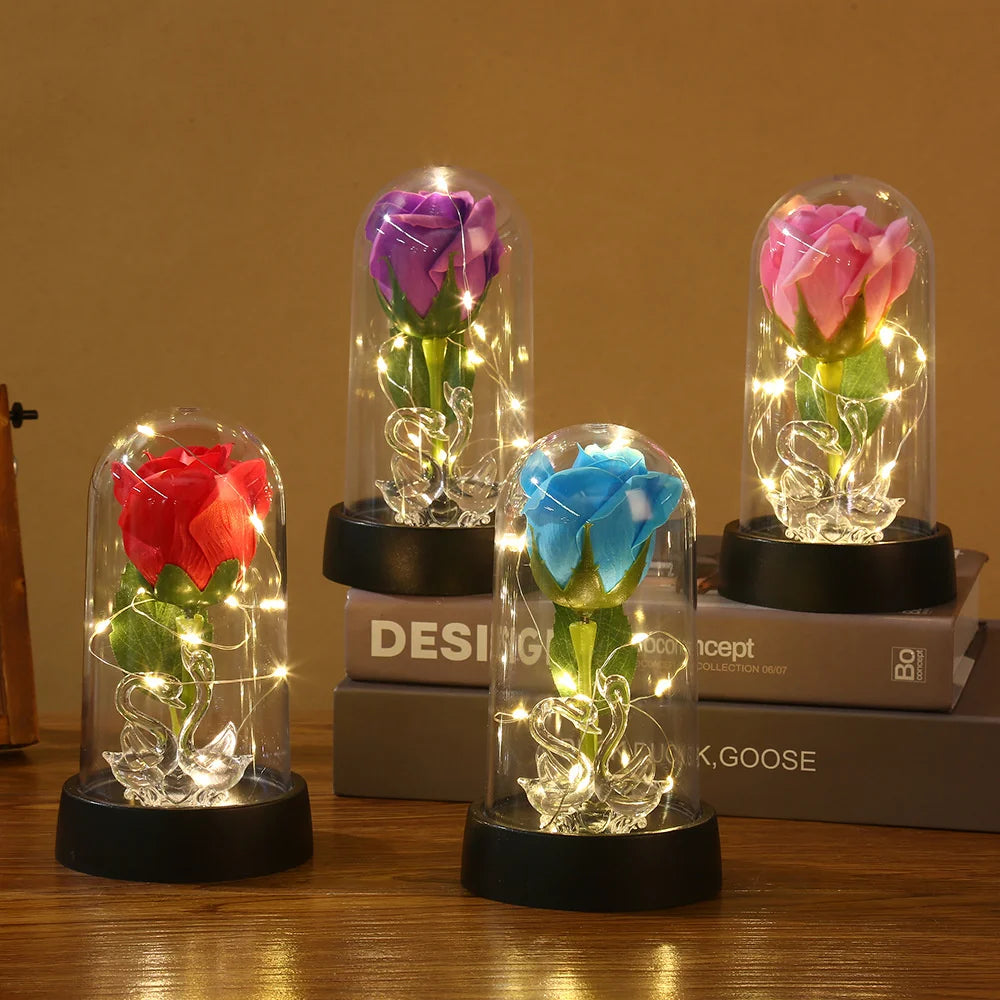 Enchanted Beauty And The Beast Rose Flower with Black Base LED Light In Glass Dome Valentine Christmas Gift Wedding Home Decor