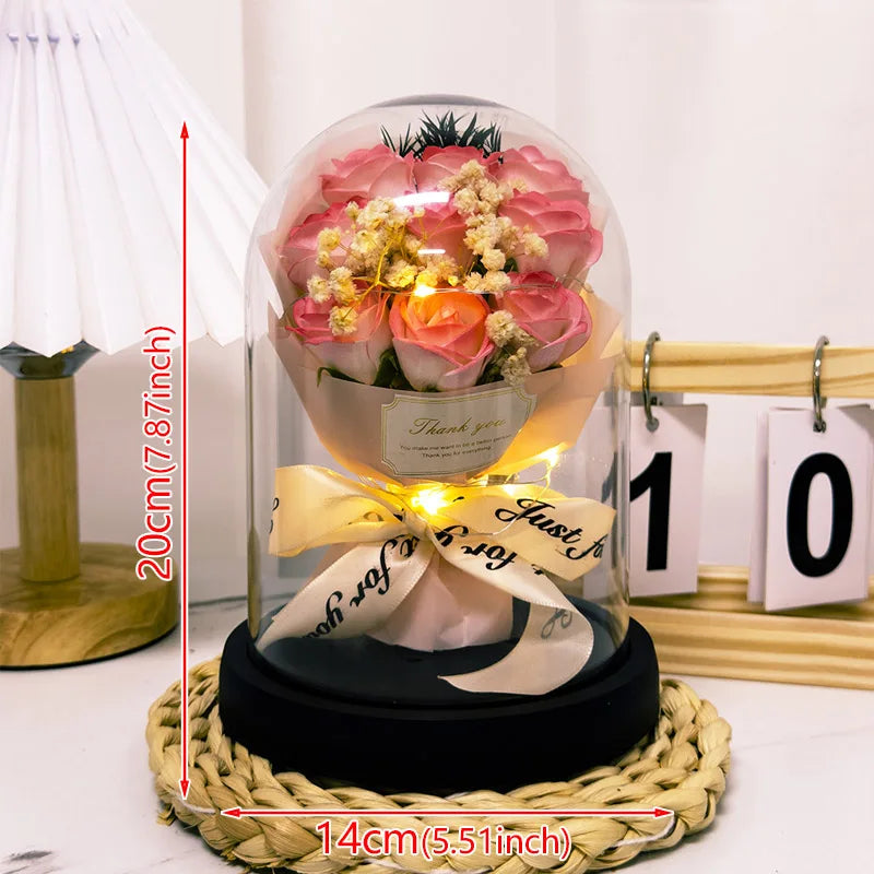 Eternal LED Light Acrylic Cover Flower Valentines Day Gift Wedding Party Decor Flower Set Transparent Rose Holiday Party Gift