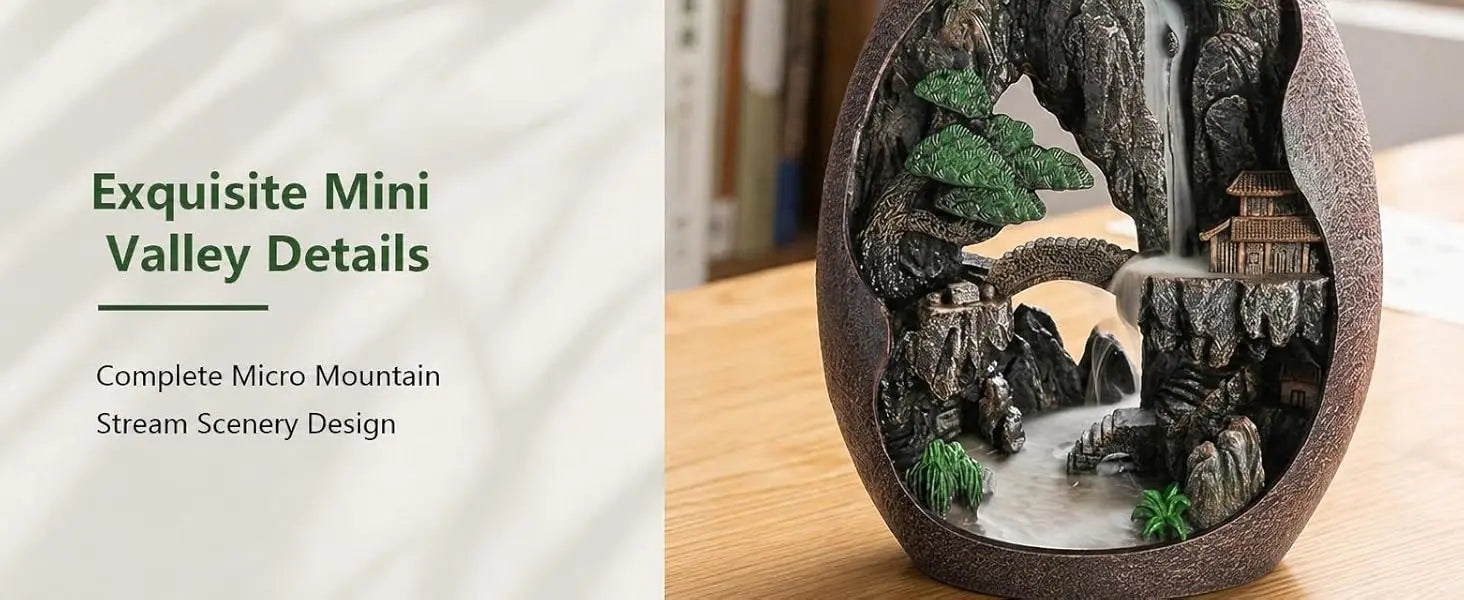 Large Size Mountain Waterfall Incense Burner Backflow Room Decor Incense Cone Holder with 36 Pcs Meditation Oud Incense Cones
