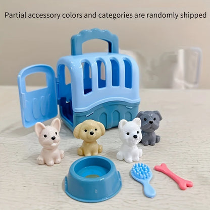 8pcs/set Cute Dog Pet Basket Family Toys Dog Doll Set Dog Cage Toys Scene Playing Toys Christmas Decoration  Gifts