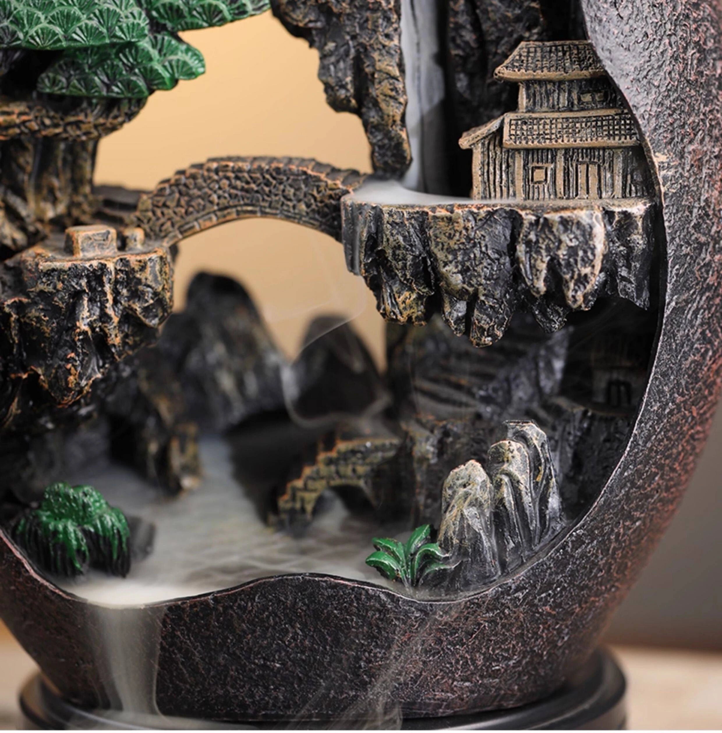 Large Size Mountain Waterfall Incense Burner Backflow Room Decor Incense Cone Holder with 36 Pcs Meditation Oud Incense Cones