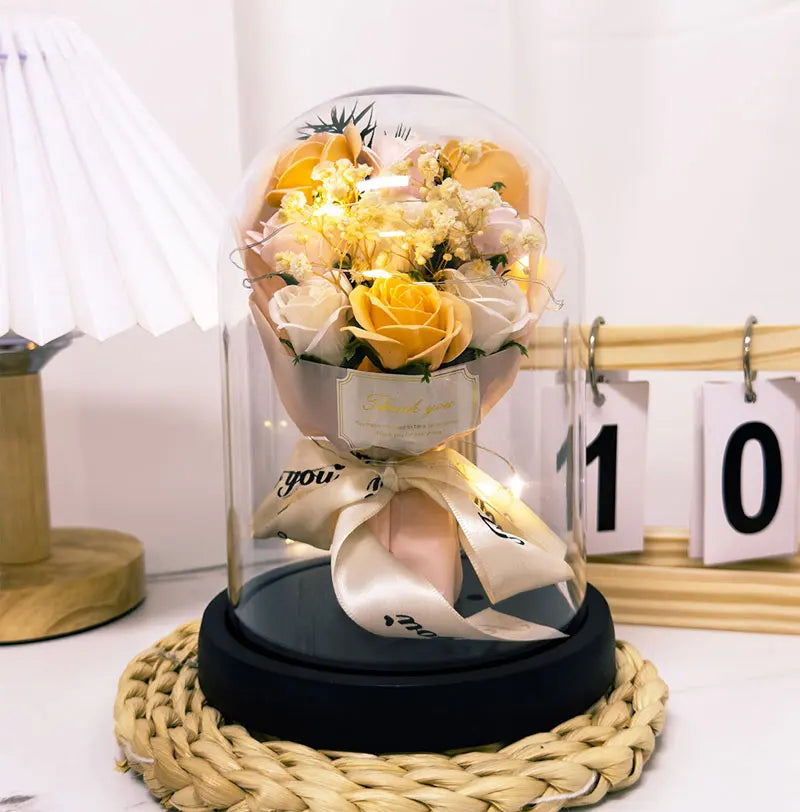 Eternal LED Light Acrylic Cover Flower Valentines Day Gift Wedding Party Decor Flower Set Transparent Rose Holiday Party Gift