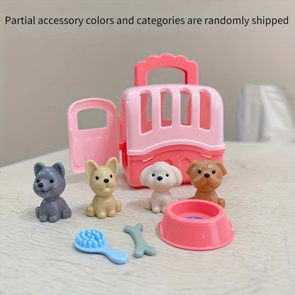 8pcs/set Cute Dog Pet Basket Family Toys Dog Doll Set Dog Cage Toys Scene Playing Toys Christmas Decoration  Gifts