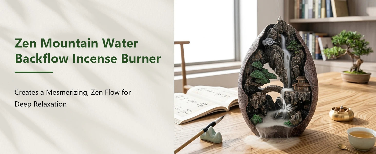 Large Size Mountain Waterfall Incense Burner Backflow Room Decor Incense Cone Holder with 36 Pcs Meditation Oud Incense Cones