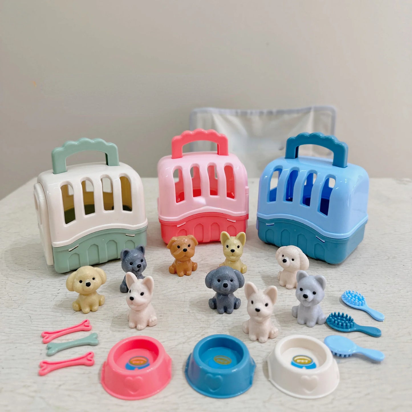 8pcs/set Cute Dog Pet Basket Family Toys Dog Doll Set Dog Cage Toys Scene Playing Toys Christmas Decoration  Gifts