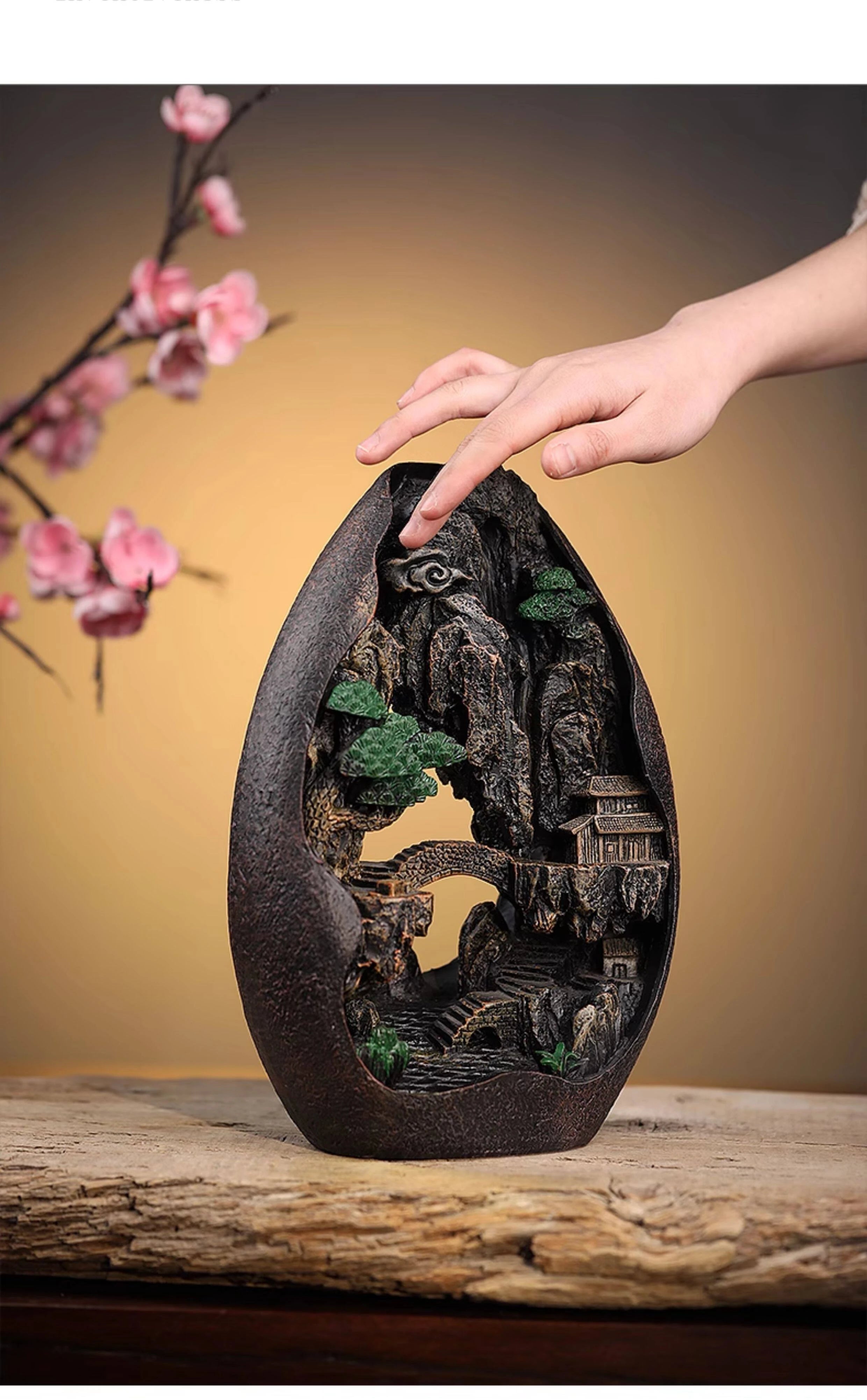Large Size Mountain Waterfall Incense Burner Backflow Room Decor Incense Cone Holder with 36 Pcs Meditation Oud Incense Cones