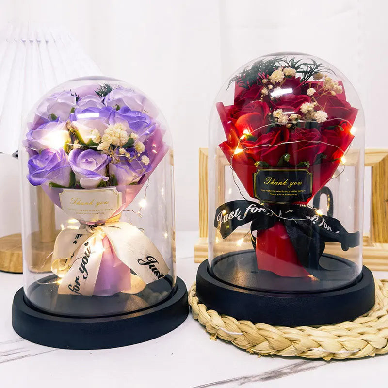 Eternal LED Light Acrylic Cover Flower Valentines Day Gift Wedding Party Decor Flower Set Transparent Rose Holiday Party Gift